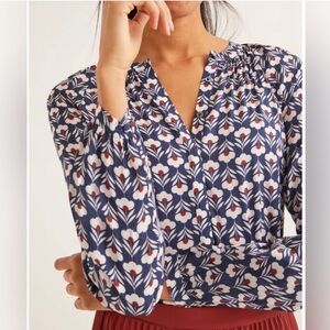 Boden Paris Blouse Top Viscose Button Blue White Flowers W0431 | Sz 12